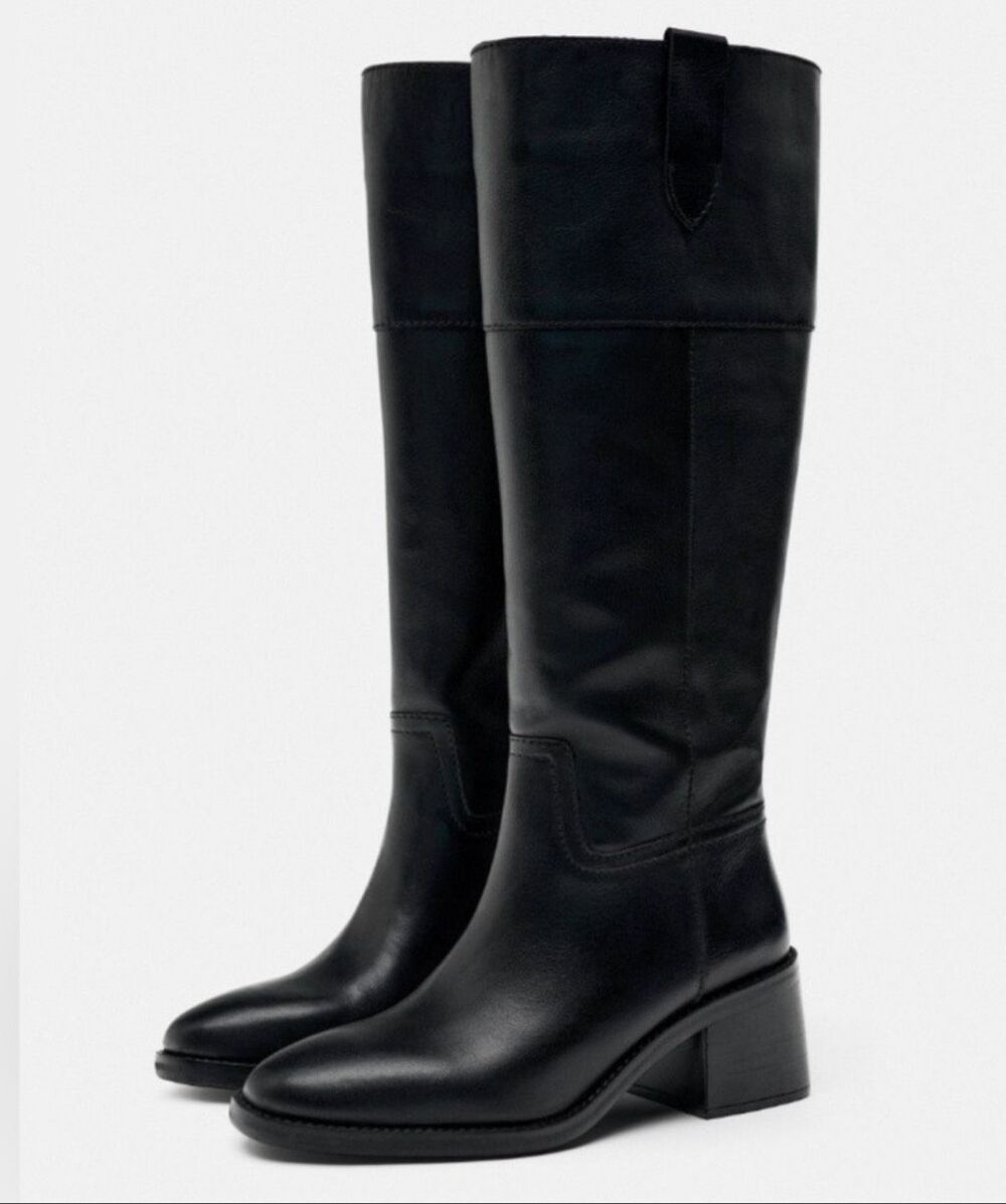 Zara Knee High Mid Heel Leather Boots Size 6 or 36